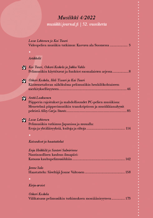 					Näytä Vol 52 Nro 4 (2022): Musiikki 4/2022: Pelimusiikin tutkimus Suomessa
				